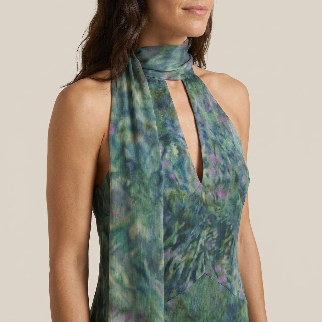 Vestido Fiesta Cuello Halter Foulard Largo para Mujer