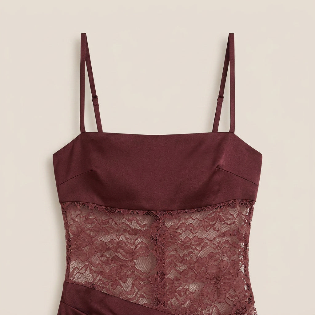 Vestido Largo Satinado con Encaje para Mujer