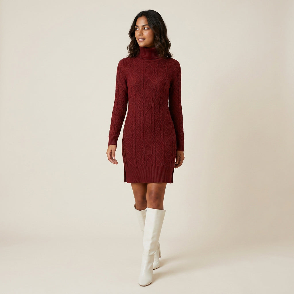 Vestido Corto de Punto Trenzado Cuello Vuelto para Mujer