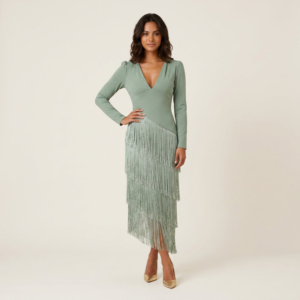 Vestido Midi de Flecos Escalonados Manga Larga para Mujer
