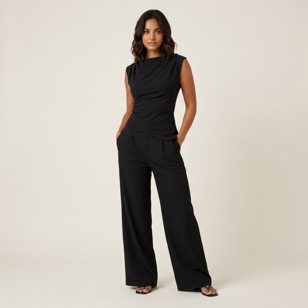 Conjunto Top Drapeado y Pantalón Ancho para Mujer