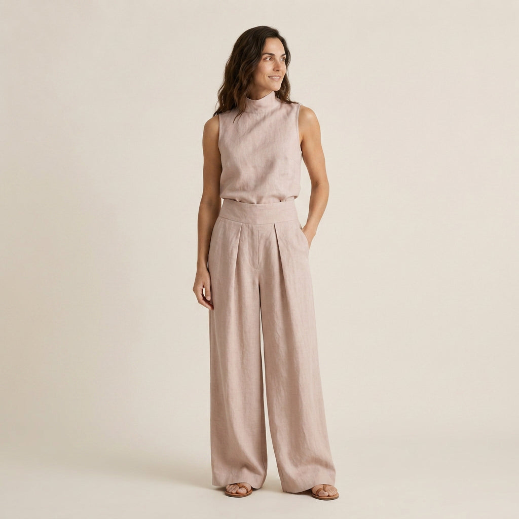 Conjunto Efecto Lino Top y Pantalón Ancho para Mujer
