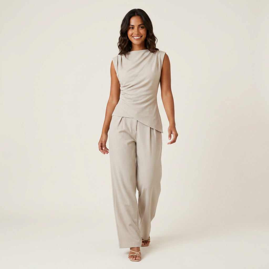 Conjunto Top Drapeado y Pantalón Ancho para Mujer