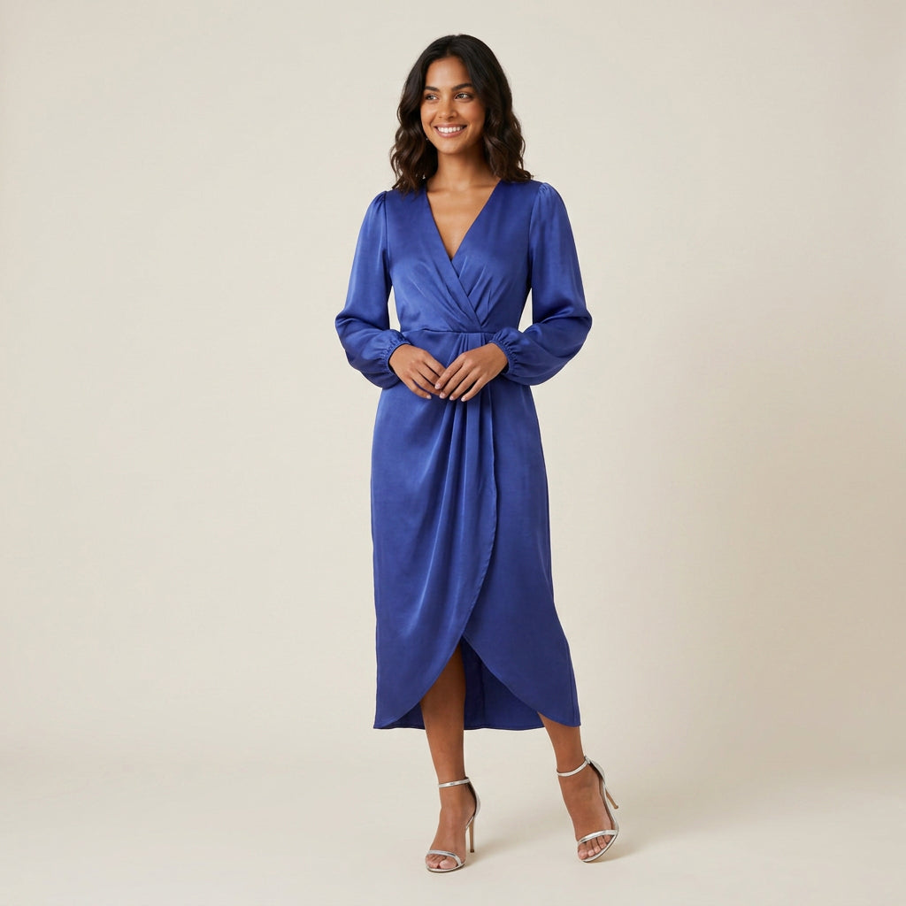 Vestido Midi Efecto Satén Cruzado con Drapeado para Mujer