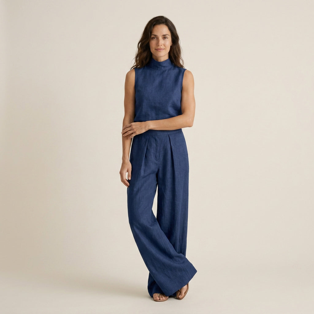 Conjunto Efecto Lino Top y Pantalón Ancho para Mujer