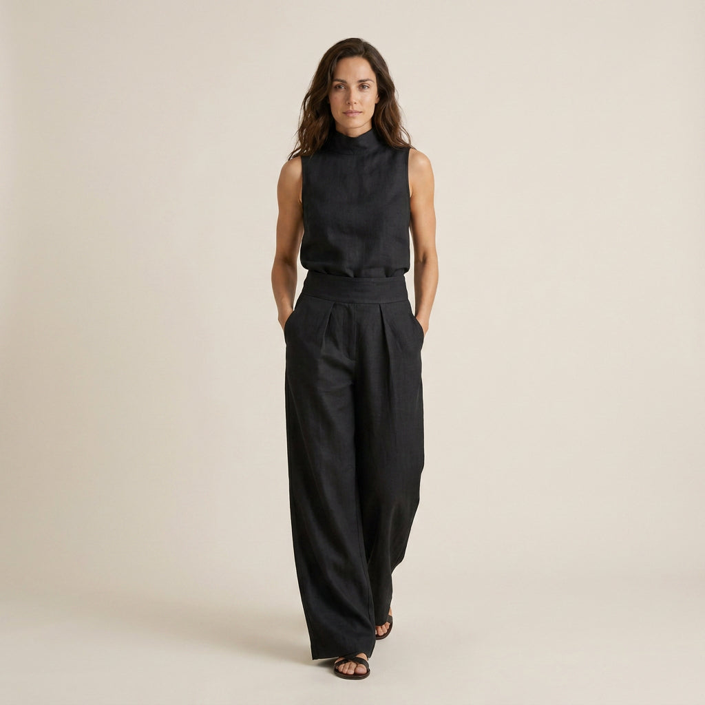 Conjunto Efecto Lino Top y Pantalón Ancho para Mujer