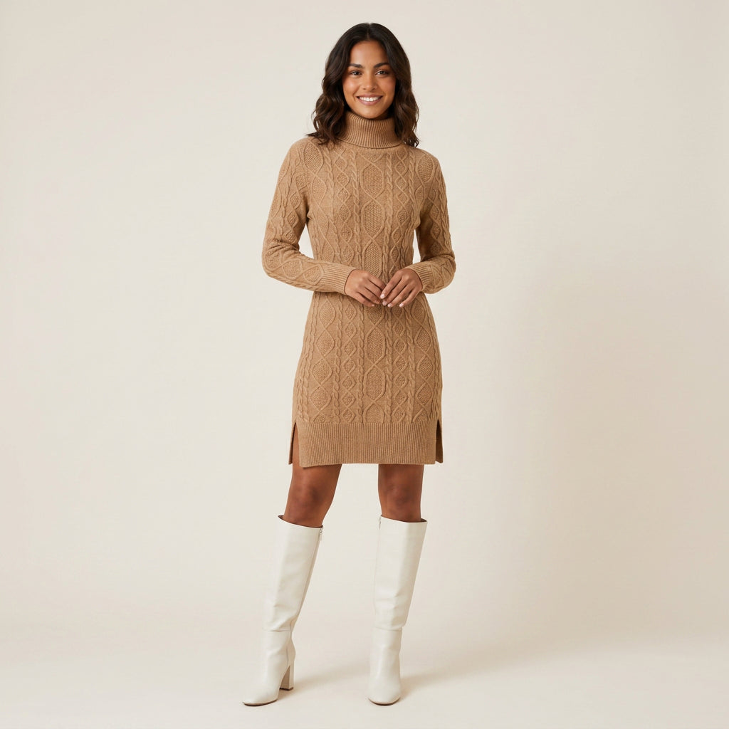 Vestido Corto de Punto Trenzado Cuello Vuelto para Mujer
