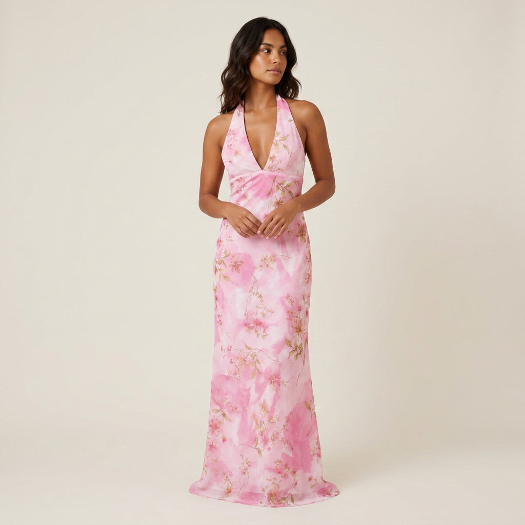 Vestido de Fiesta Largo Cuello Halter con Escote de Pico para Mujer