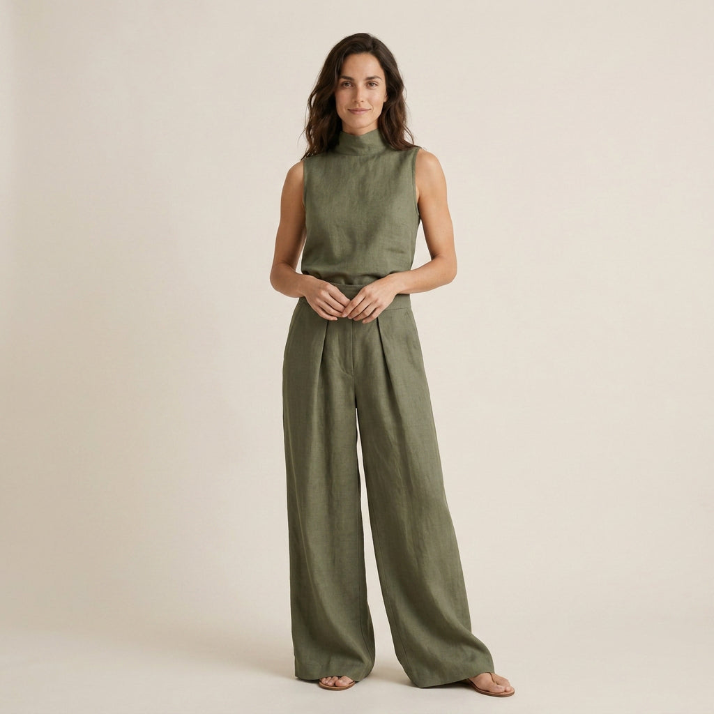 Conjunto Efecto Lino Top y Pantalón Ancho para Mujer