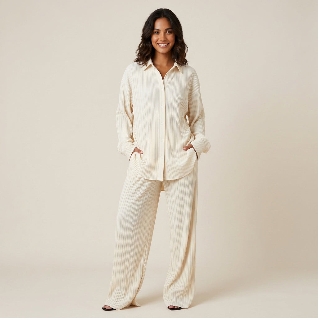 Conjunto Plisado Camisa y Pantalón Ancho para Mujer