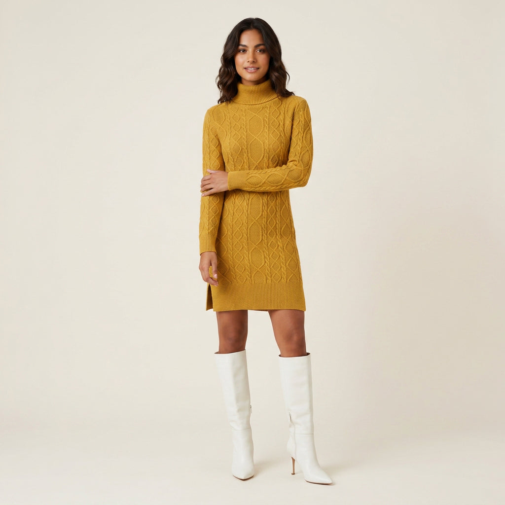 Vestido Corto de Punto Trenzado Cuello Vuelto para Mujer