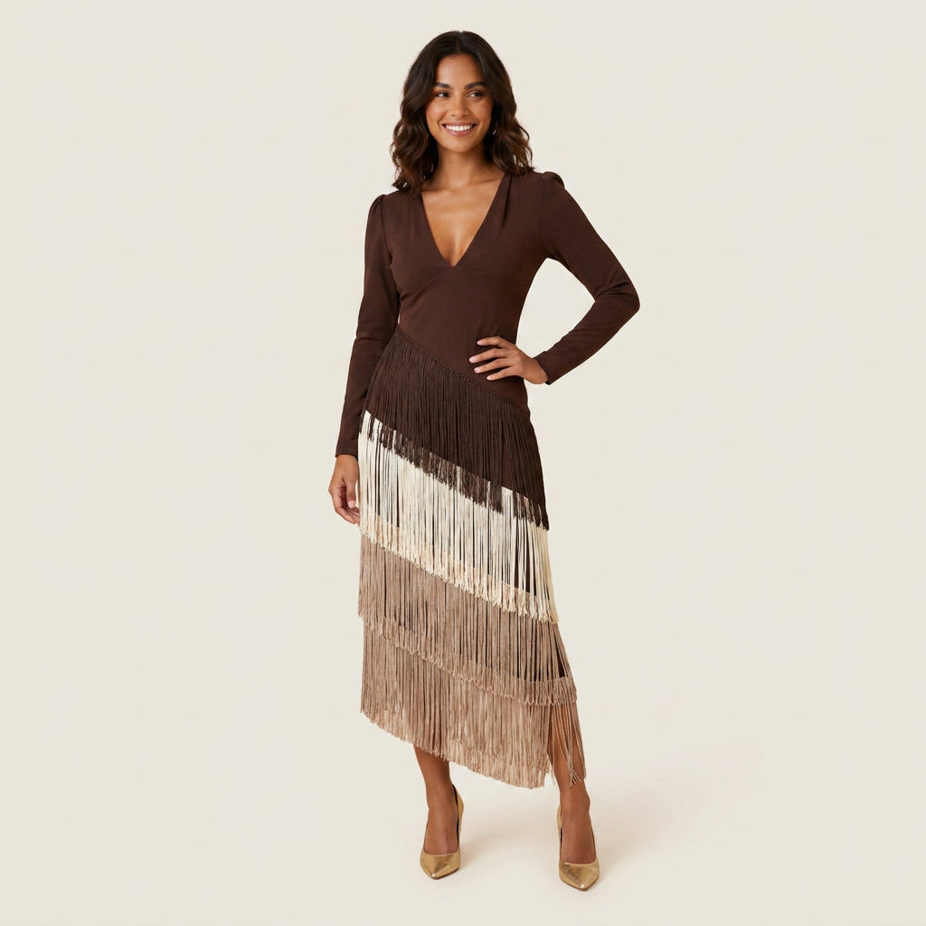Vestido Midi de Flecos Escalonados Manga Larga para Mujer