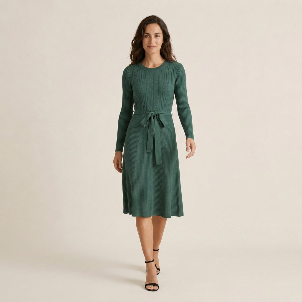 Vestido Midi De Punto Con Cinturón para Mujer