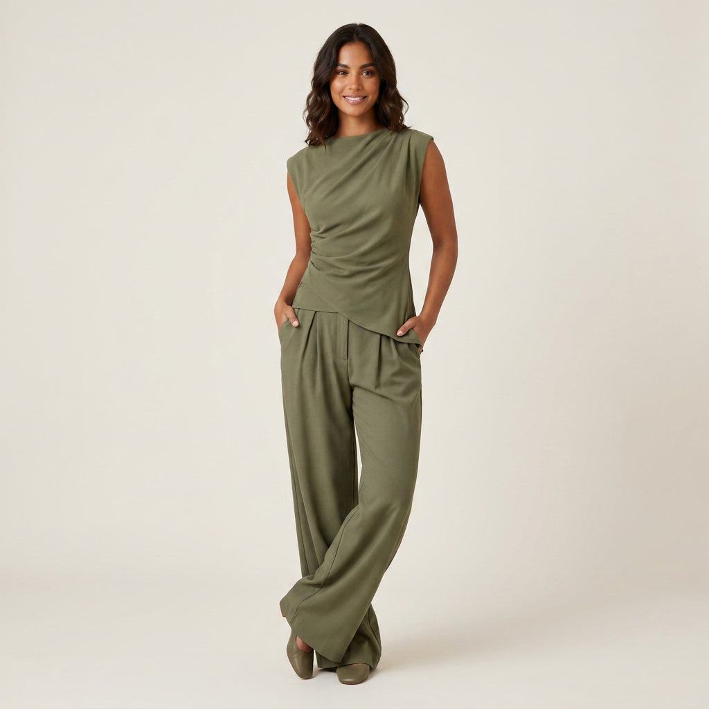 Conjunto Top Drapeado y Pantalón Ancho para Mujer