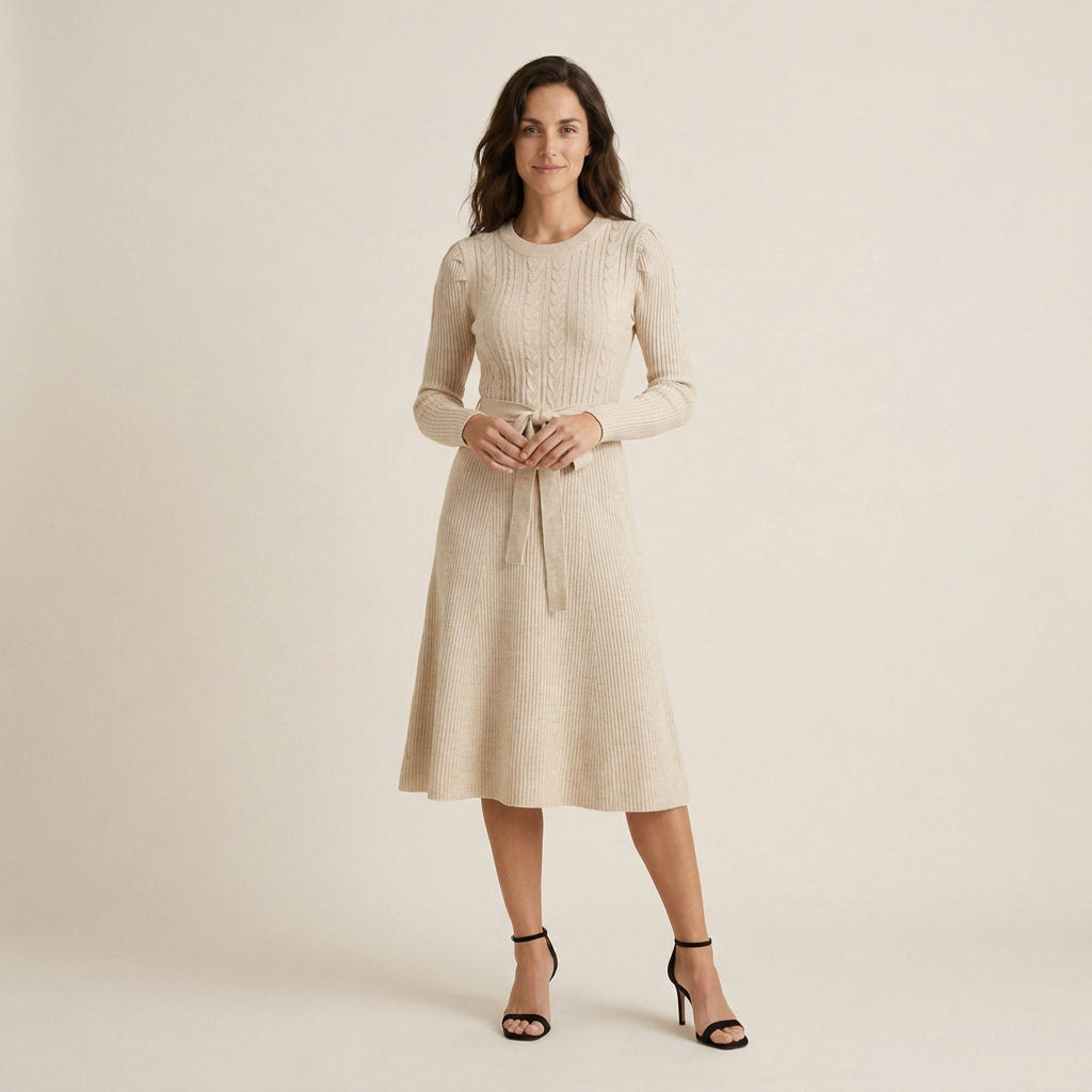 Vestido Midi De Punto Con Cinturón para Mujer