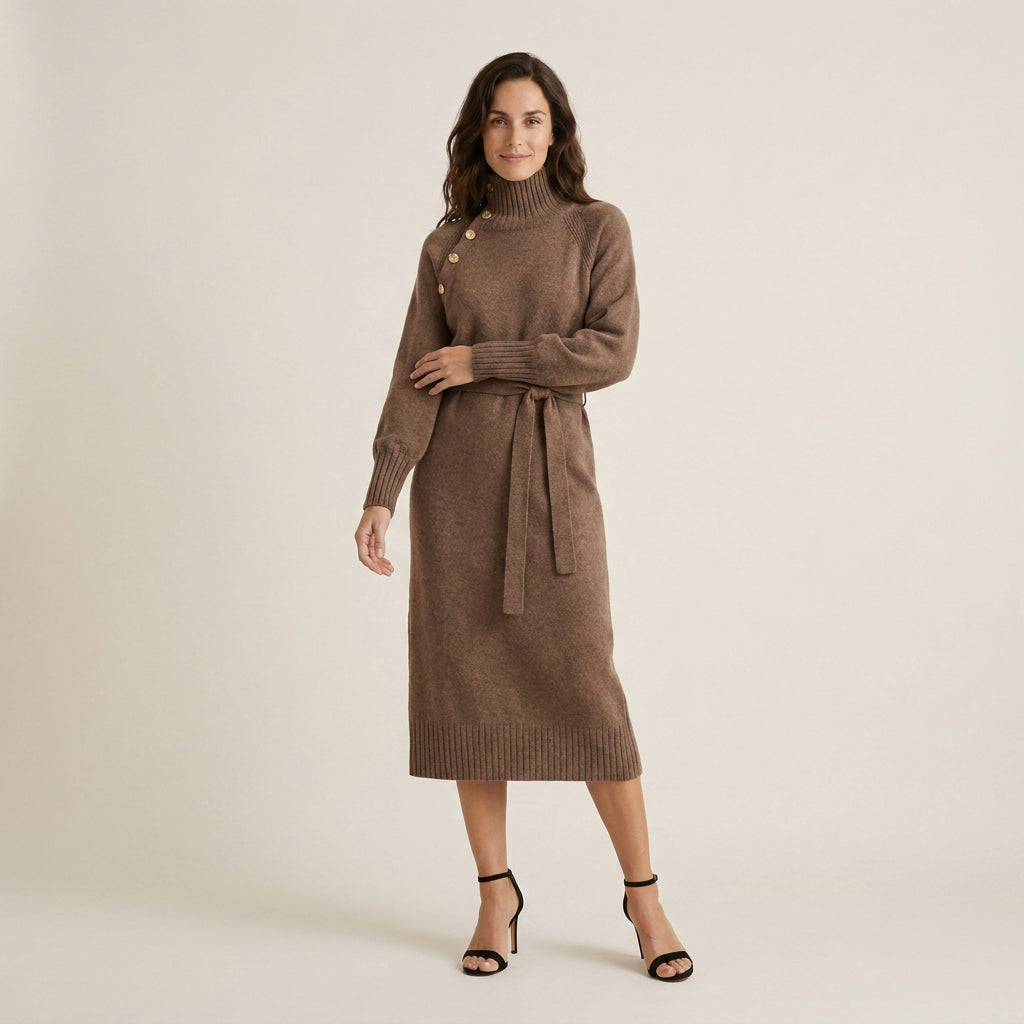 Vestido Midi de Punto con Cinturón para Mujer