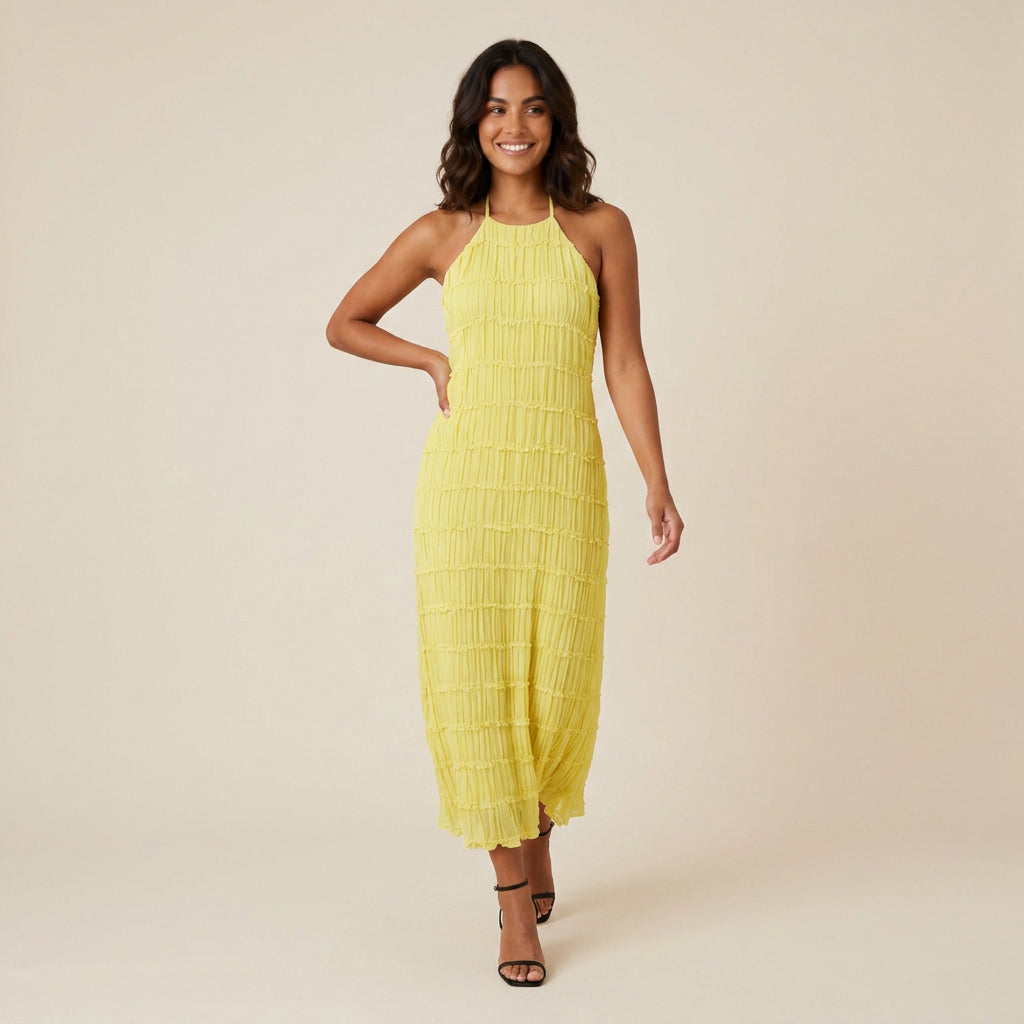 Vestido Midi Efecto Gasa con Cuello Halter para Mujer