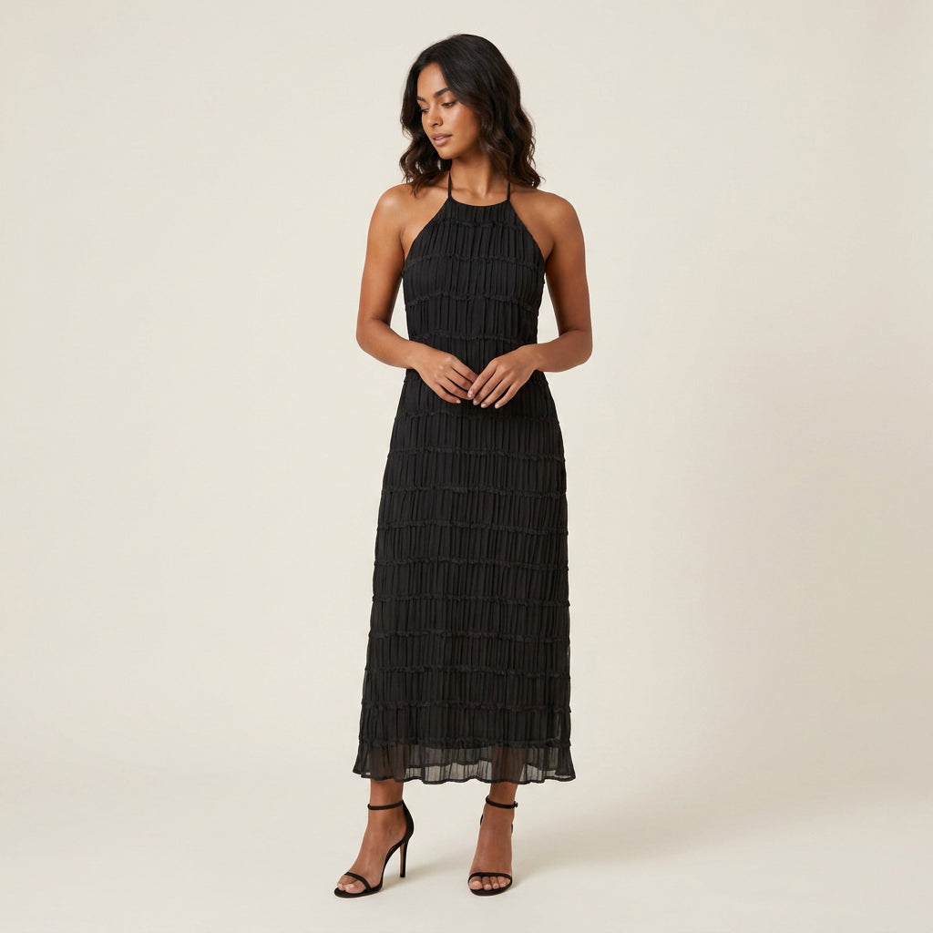 Vestido Midi Efecto Gasa con Cuello Halter para Mujer