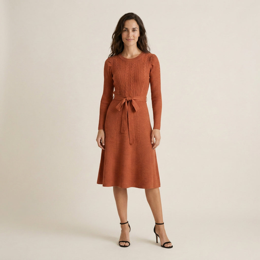 Vestido Midi De Punto Con Cinturón para Mujer