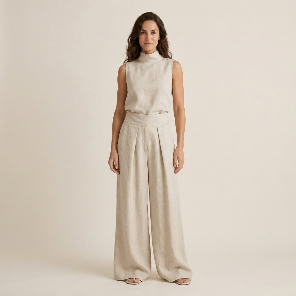 Conjunto Efecto Lino Top y Pantalón Ancho para Mujer