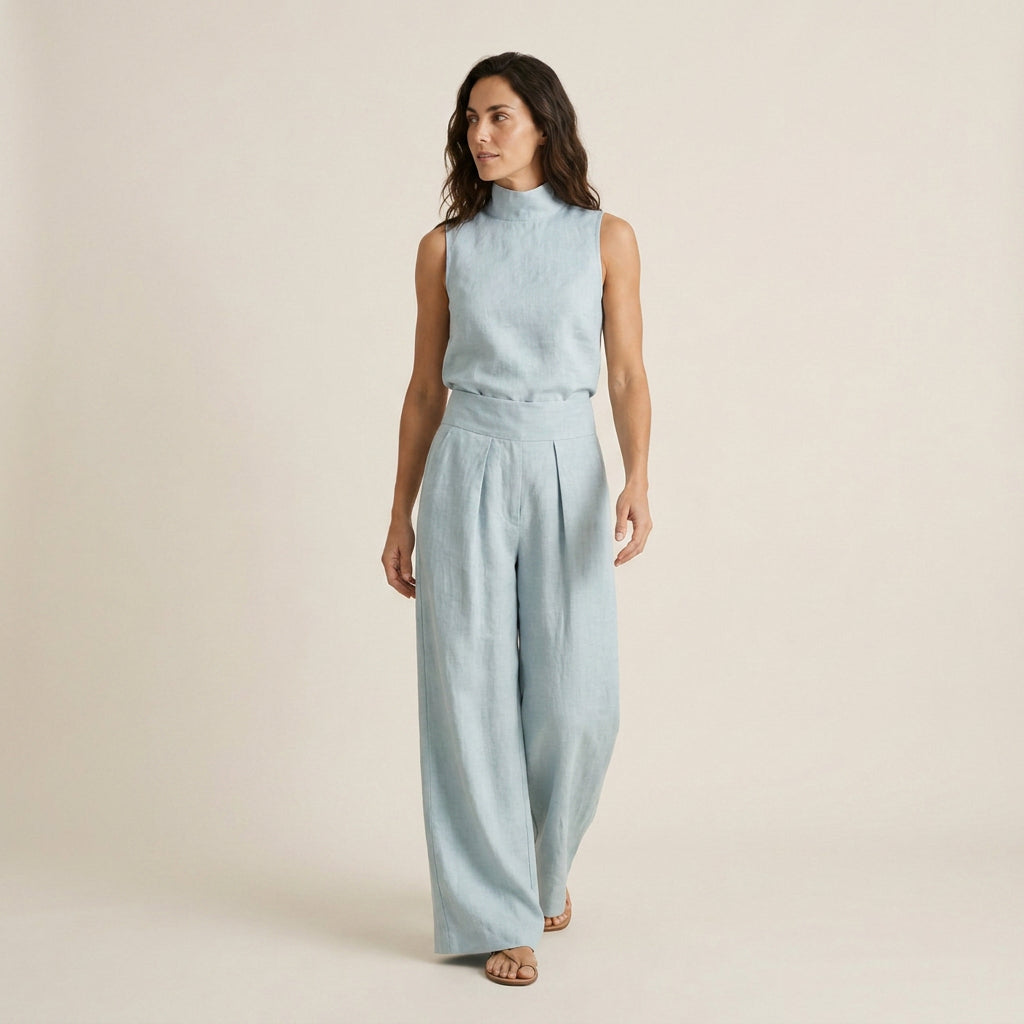 Conjunto Efecto Lino Top y Pantalón Ancho para Mujer