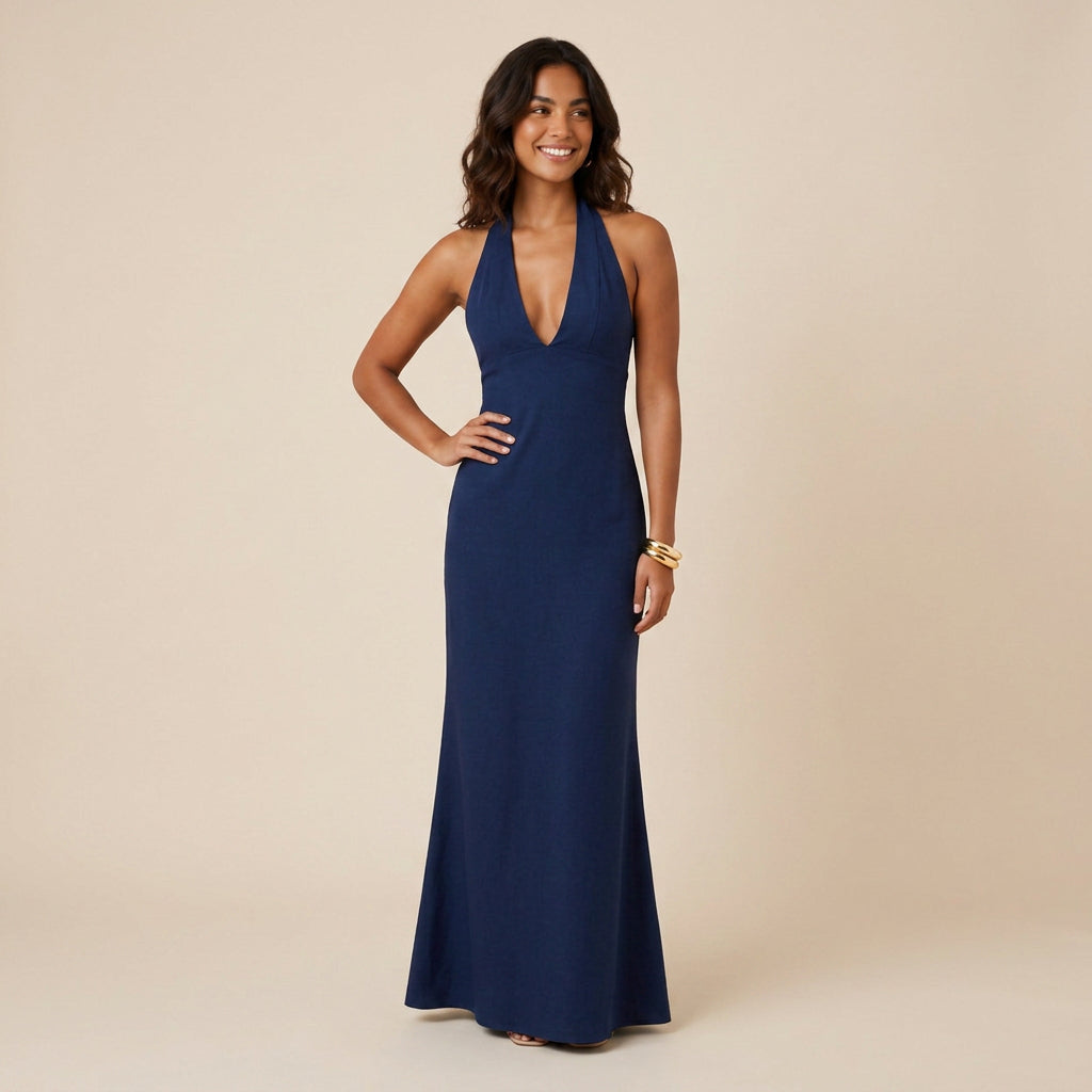Vestido de Fiesta Largo Cuello Halter con Escote de Pico para Mujer