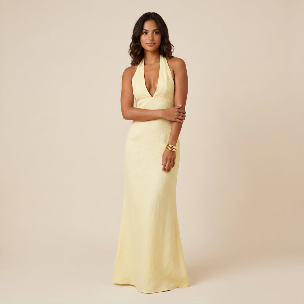 Vestido de Fiesta Largo Cuello Halter con Escote de Pico para Mujer