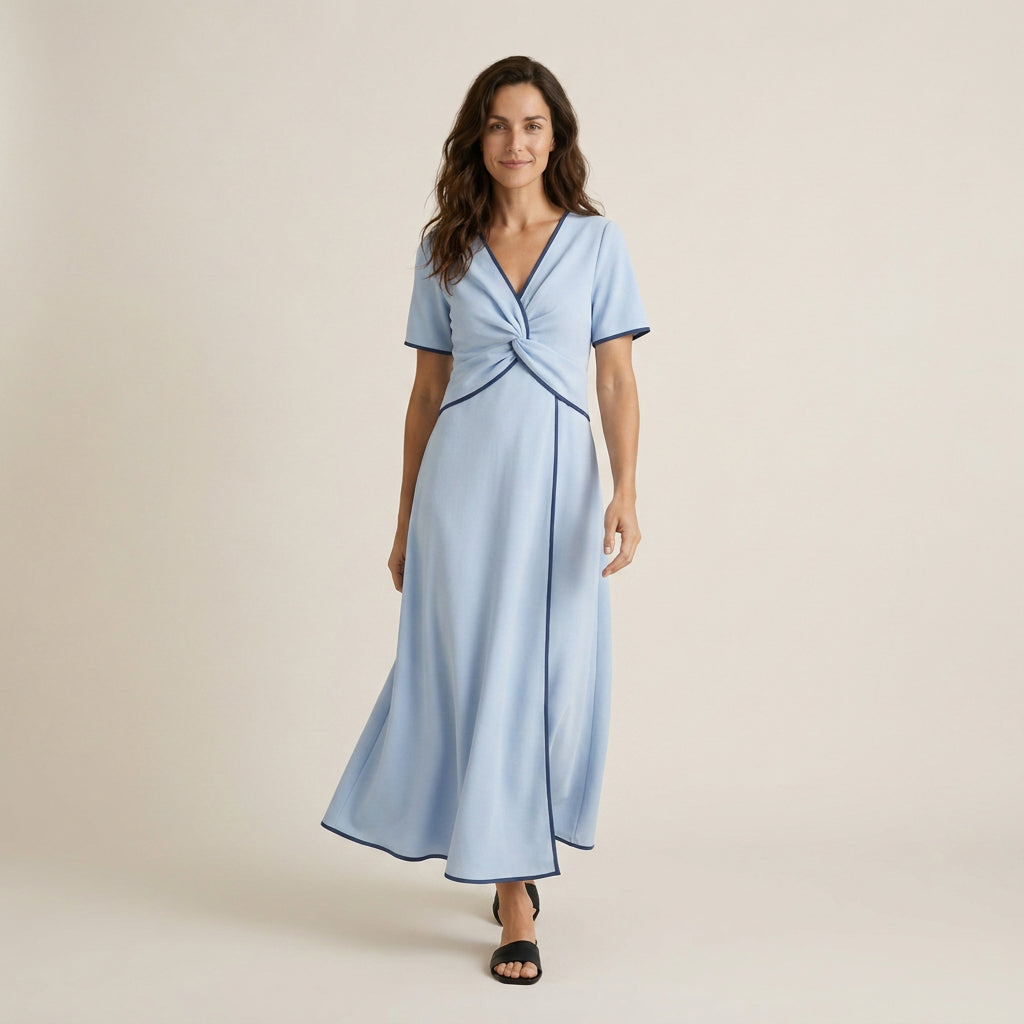 Vestido Midi Manga Corta con Nudo Frontal para Mujer