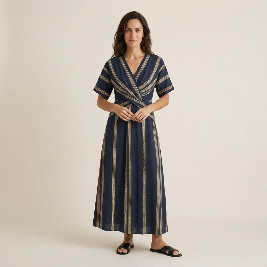 Vestido Midi Manga Corta con Nudo Frontal para Mujer