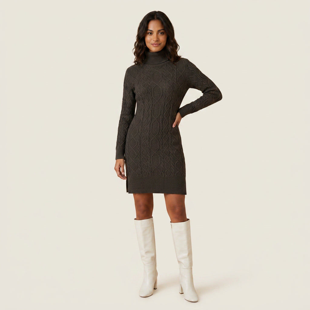 Vestido Corto de Punto Trenzado Cuello Vuelto para Mujer