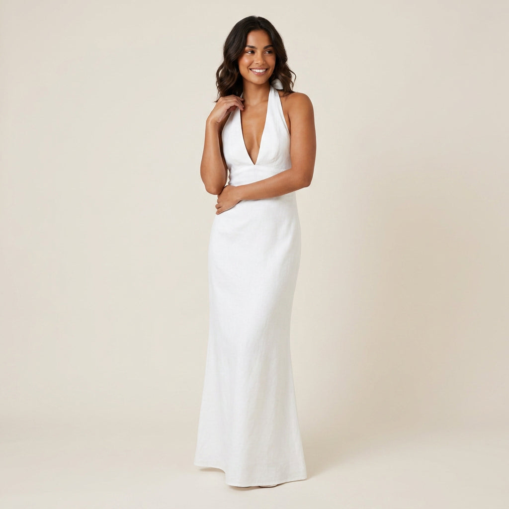 Vestido de Fiesta Largo Cuello Halter con Escote de Pico para Mujer