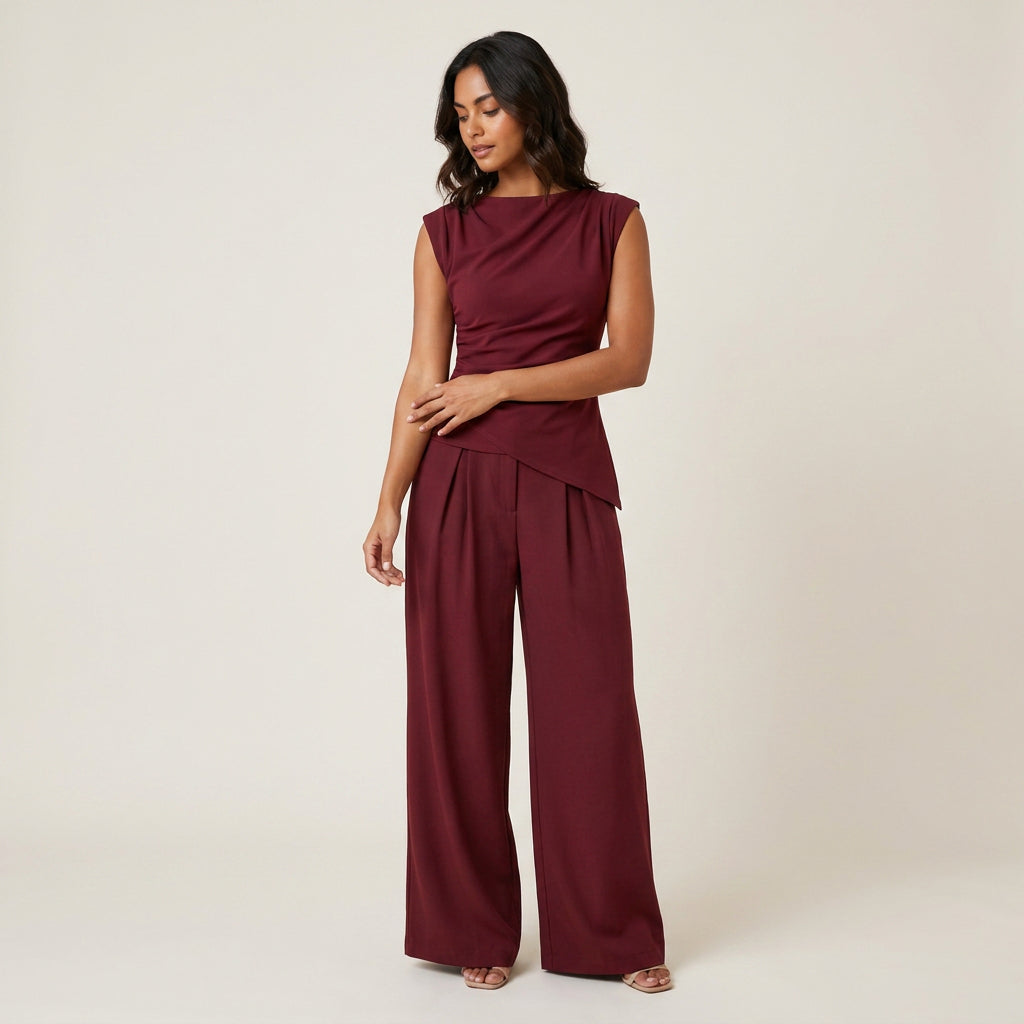Conjunto Top Drapeado y Pantalón Ancho para Mujer