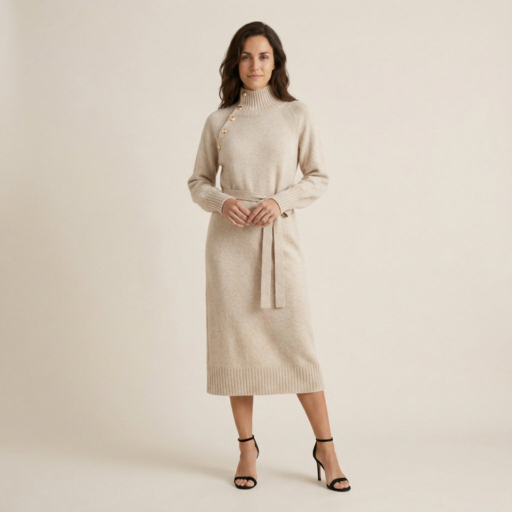Vestido Midi de Punto con Cinturón para Mujer