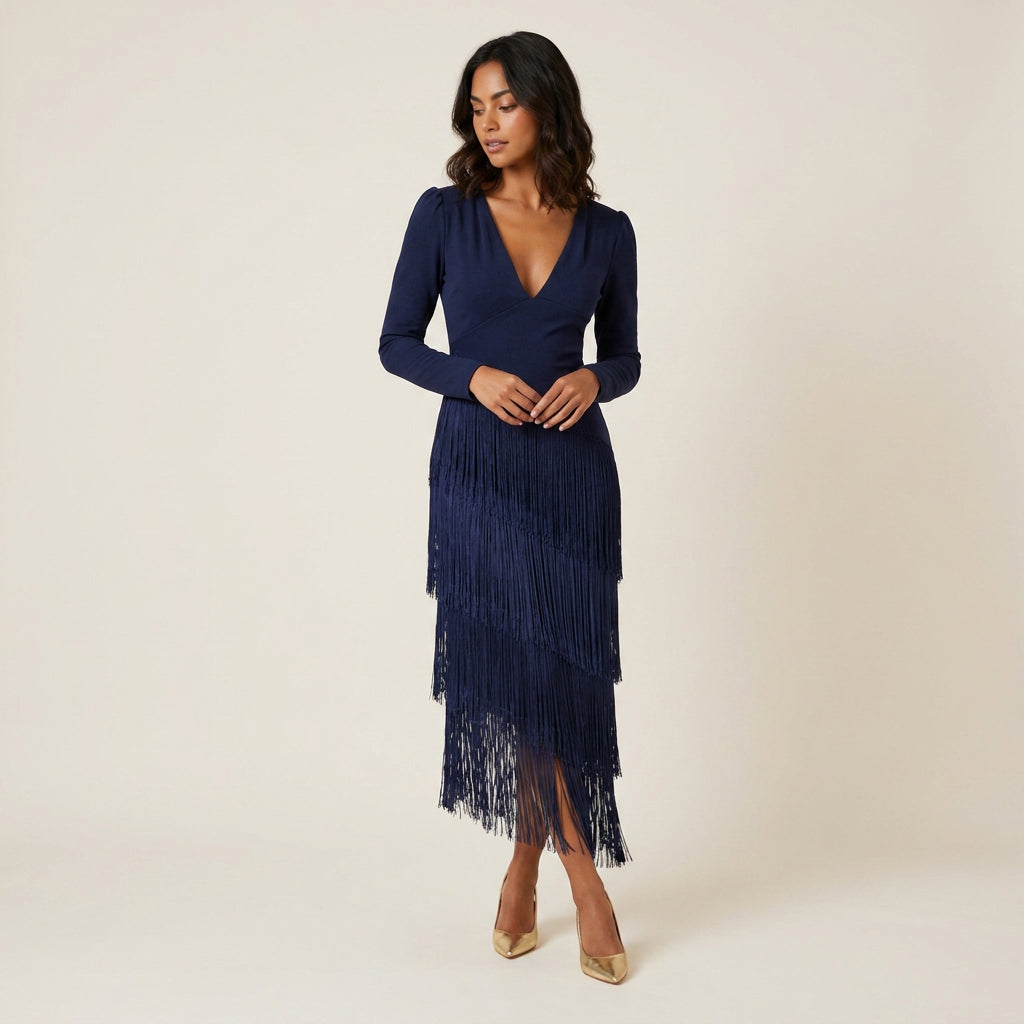 Vestido Midi de Flecos Escalonados Manga Larga para Mujer