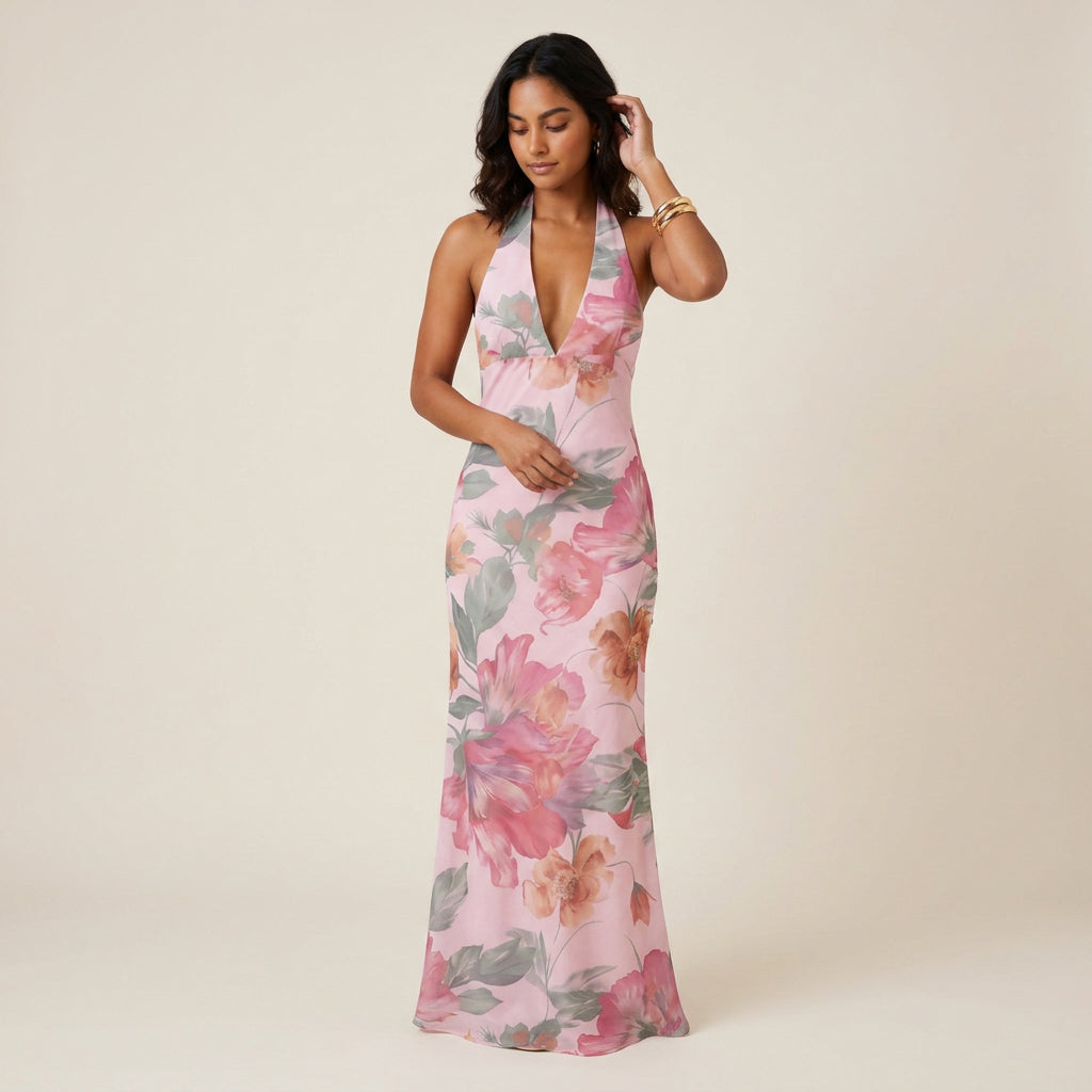 Vestido de Fiesta Largo Cuello Halter con Escote de Pico para Mujer
