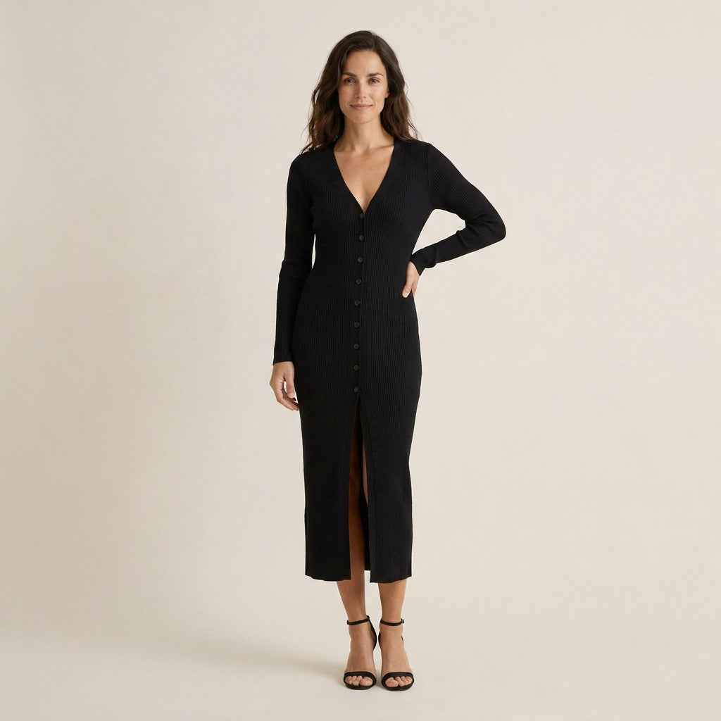 Vestido Midi de Punto Acanalado con Abertura Frontal para Mujer