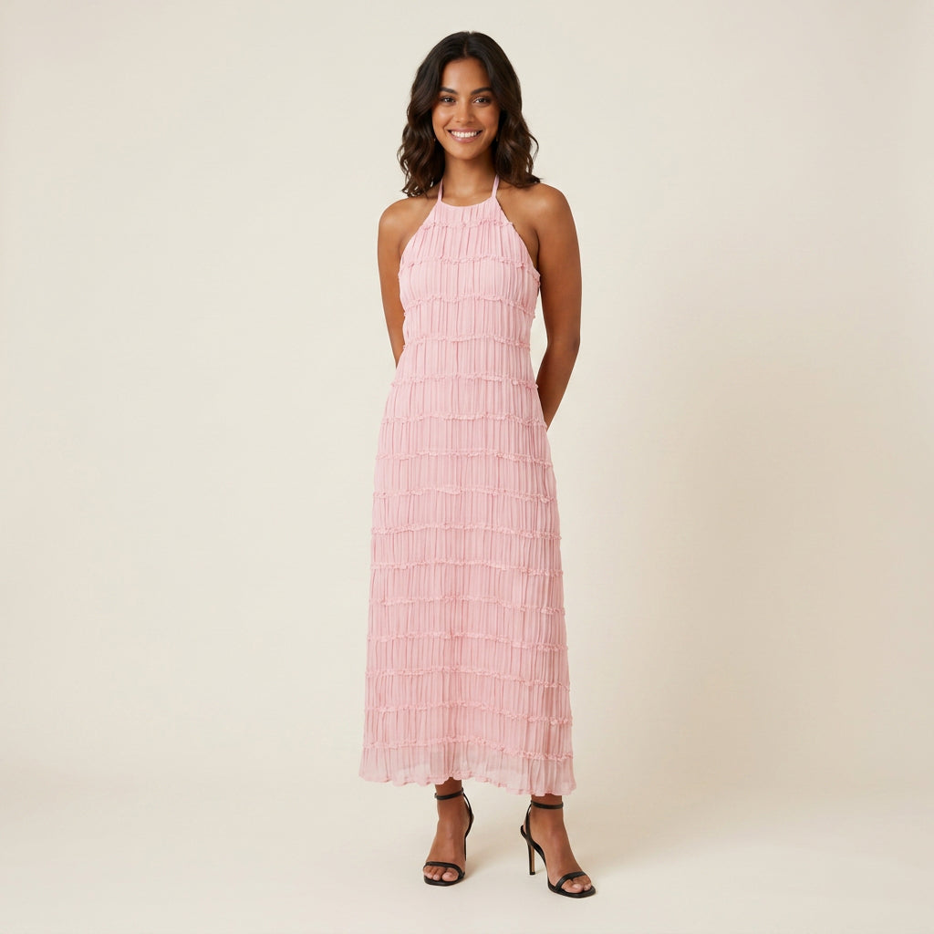 Vestido Midi Efecto Gasa con Cuello Halter para Mujer