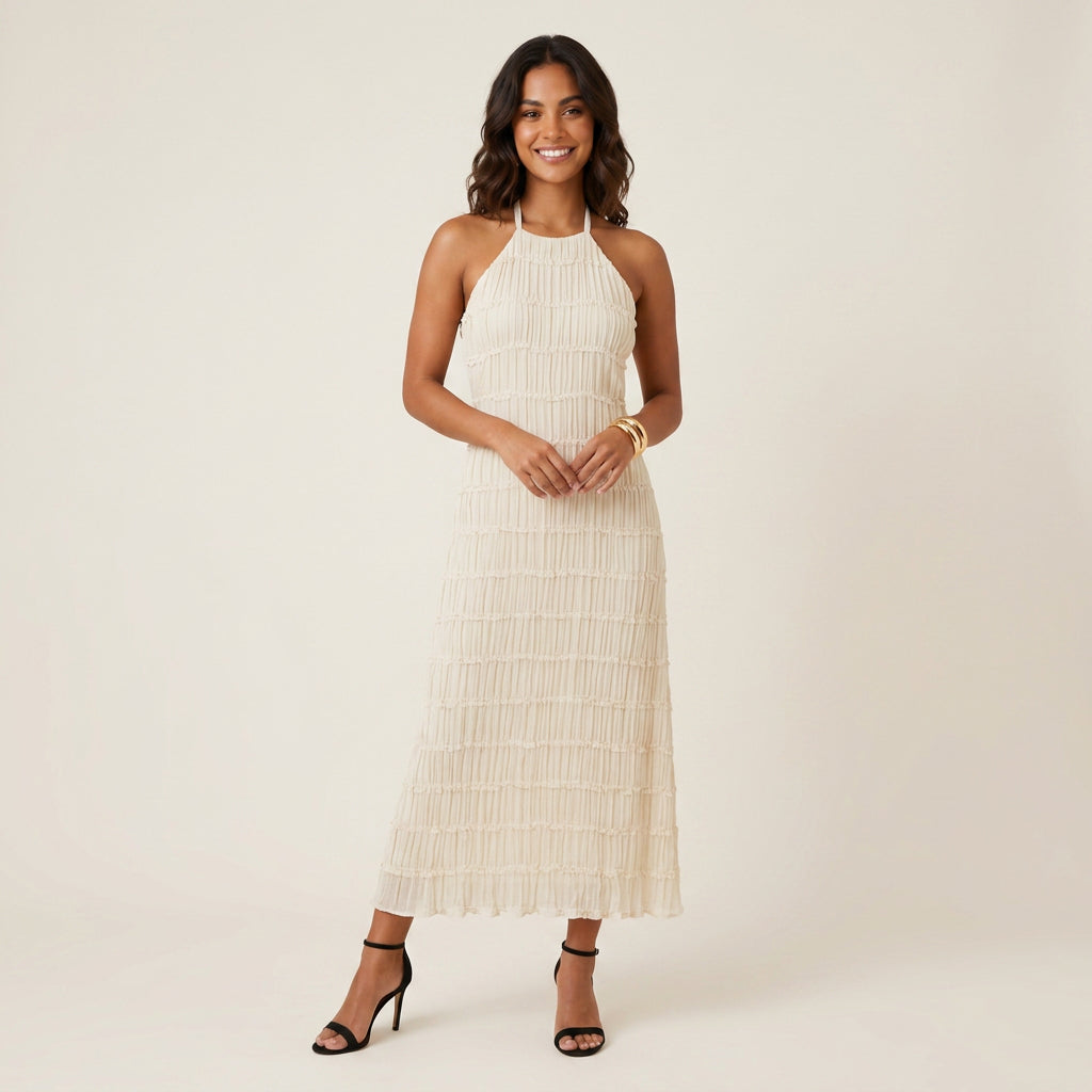Vestido Midi Efecto Gasa con Cuello Halter para Mujer