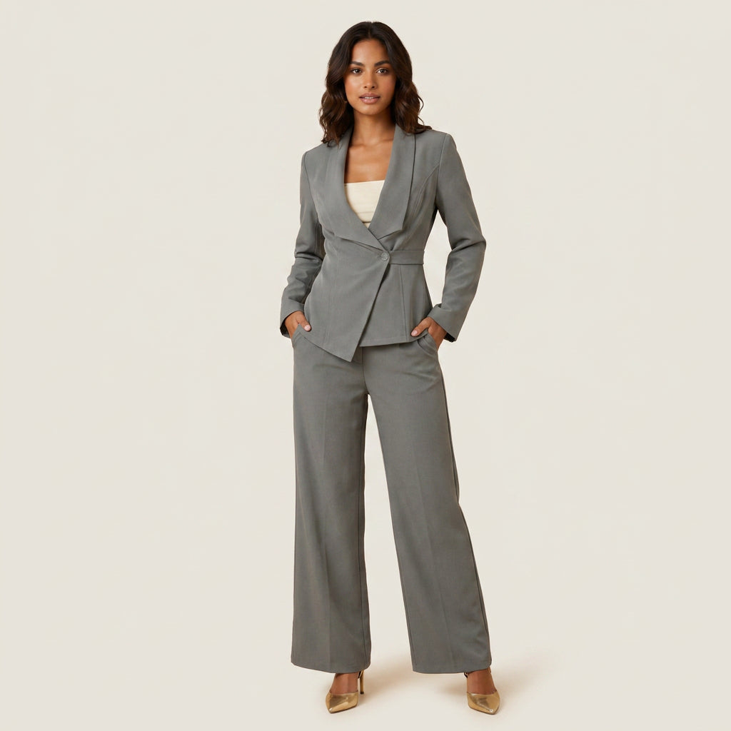 Conjunto Blazer Asimétrico y Pantalón Ancho para Mujer