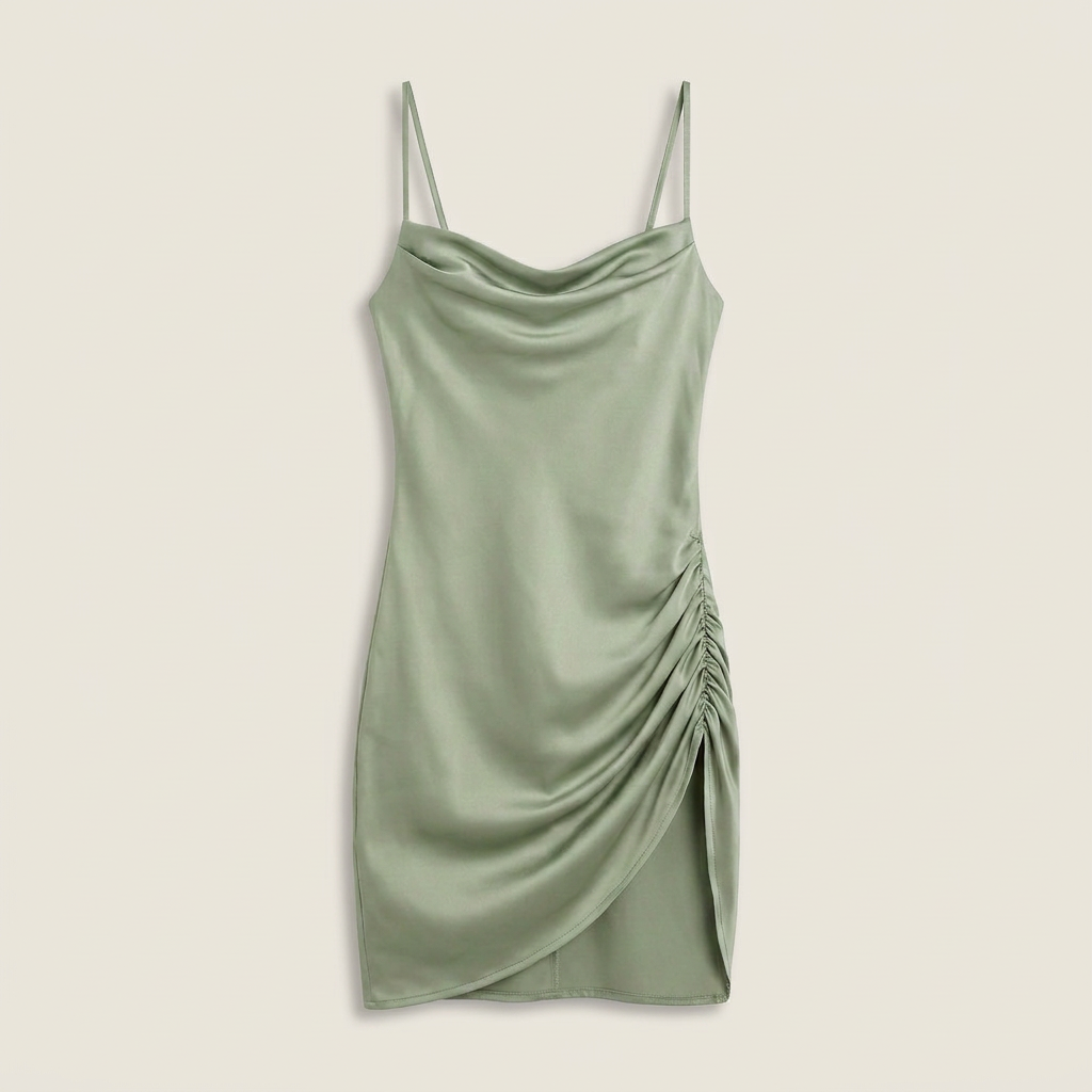 Vestido Mini Satén Cuello Cascada Fruncido Lateral para Mujer