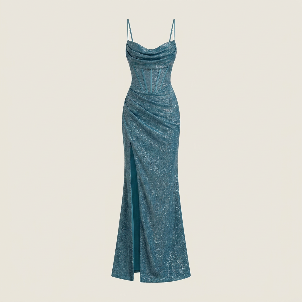 Vestido Maxi Glitter Corsé Cuello Cascada Abertura Lateral para Mujer
