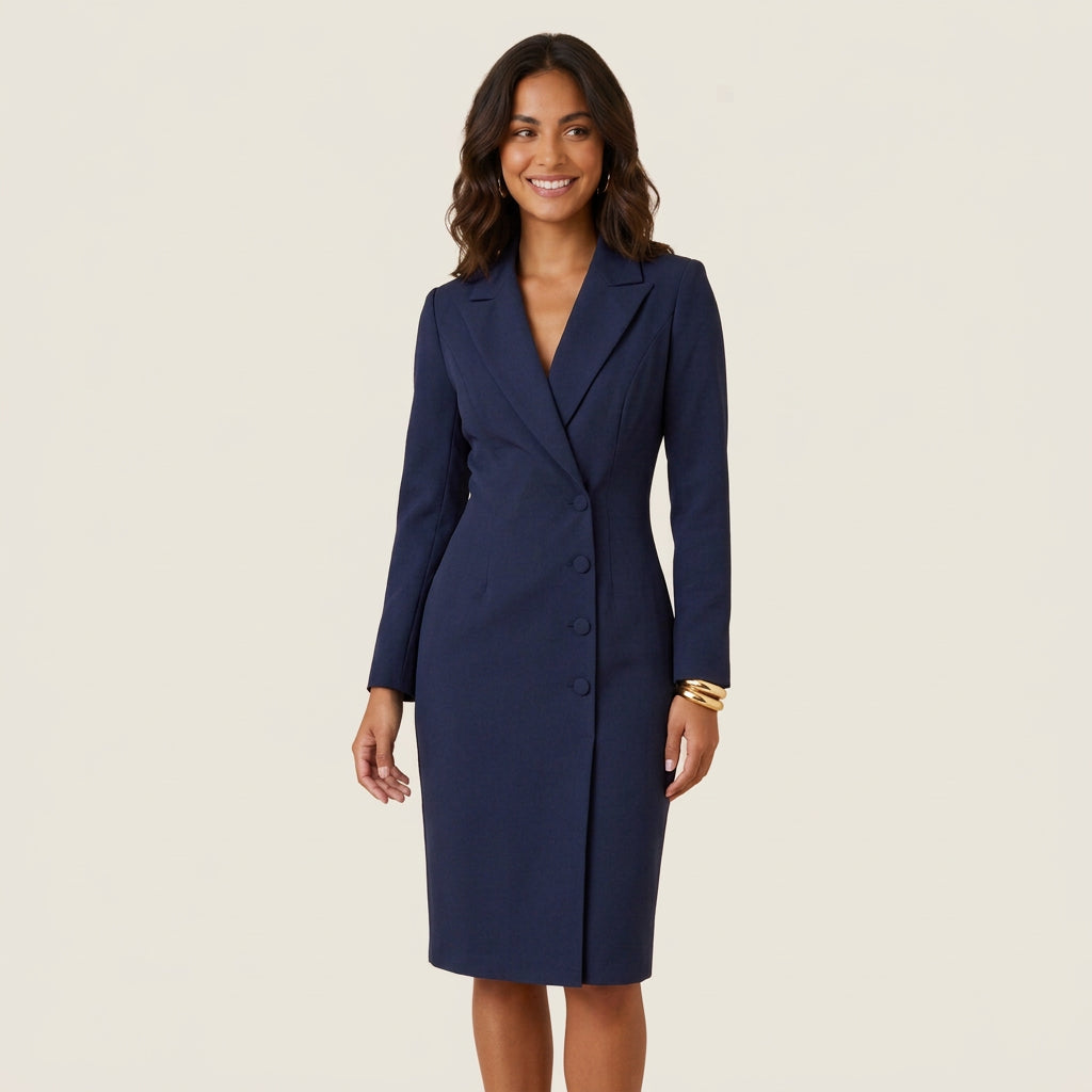 Vestido Blazer Midi Solapas Entallado Botones para Mujer