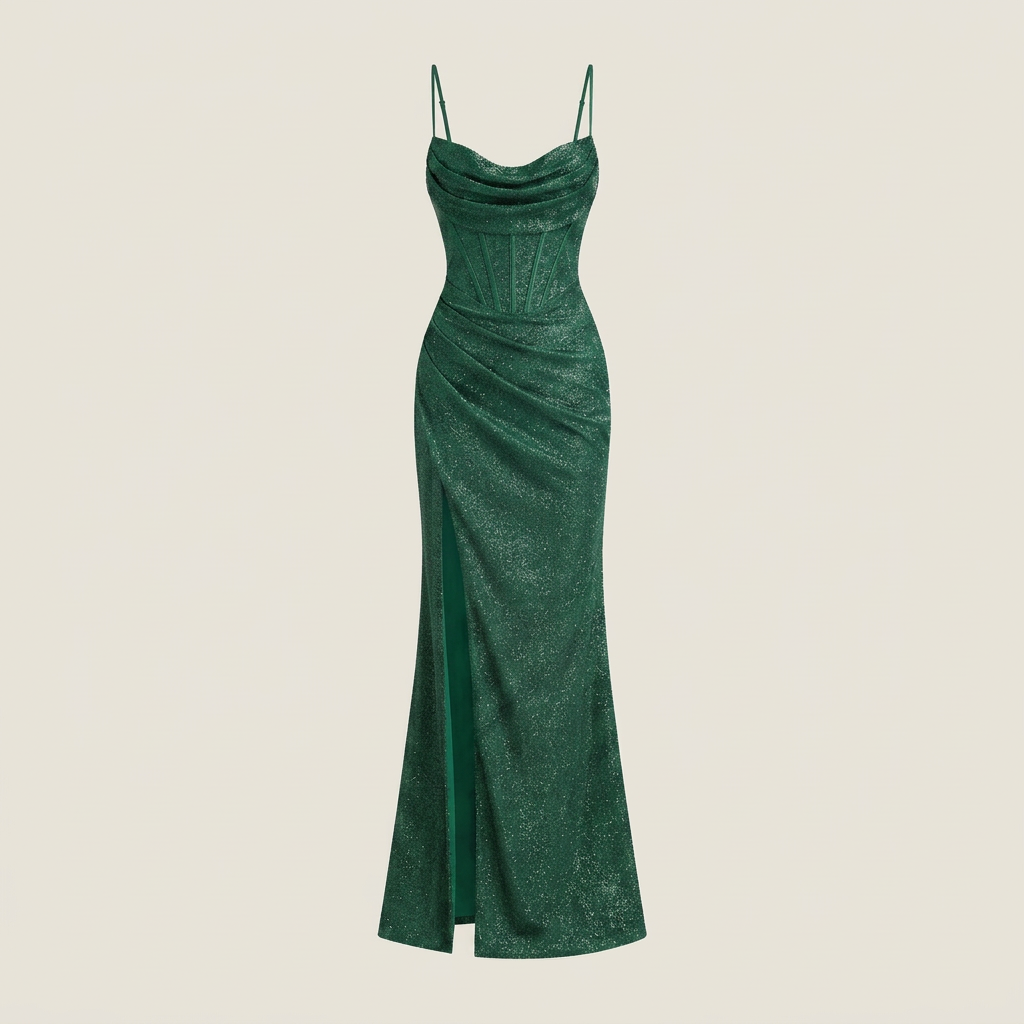 Vestido Maxi Glitter Corsé Cuello Cascada Abertura Lateral para Mujer