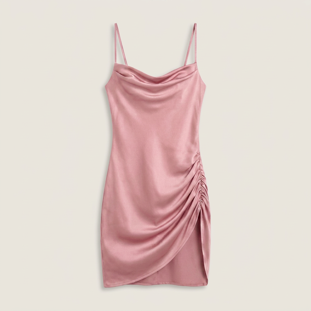 Vestido Mini Satén Cuello Cascada Fruncido Lateral para Mujer