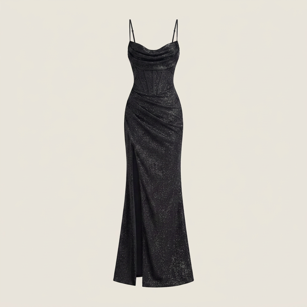 Vestido Maxi Glitter Corsé Cuello Cascada Abertura Lateral para Mujer