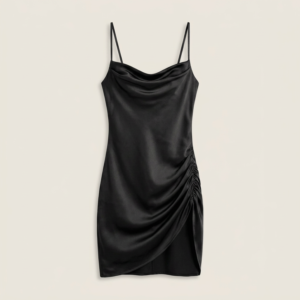 Vestido Mini Satén Cuello Cascada Fruncido Lateral para Mujer