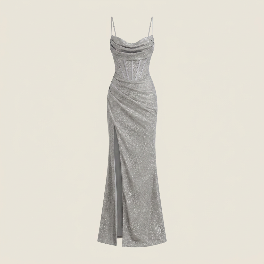 Vestido Maxi Glitter Corsé Cuello Cascada Abertura Lateral para Mujer