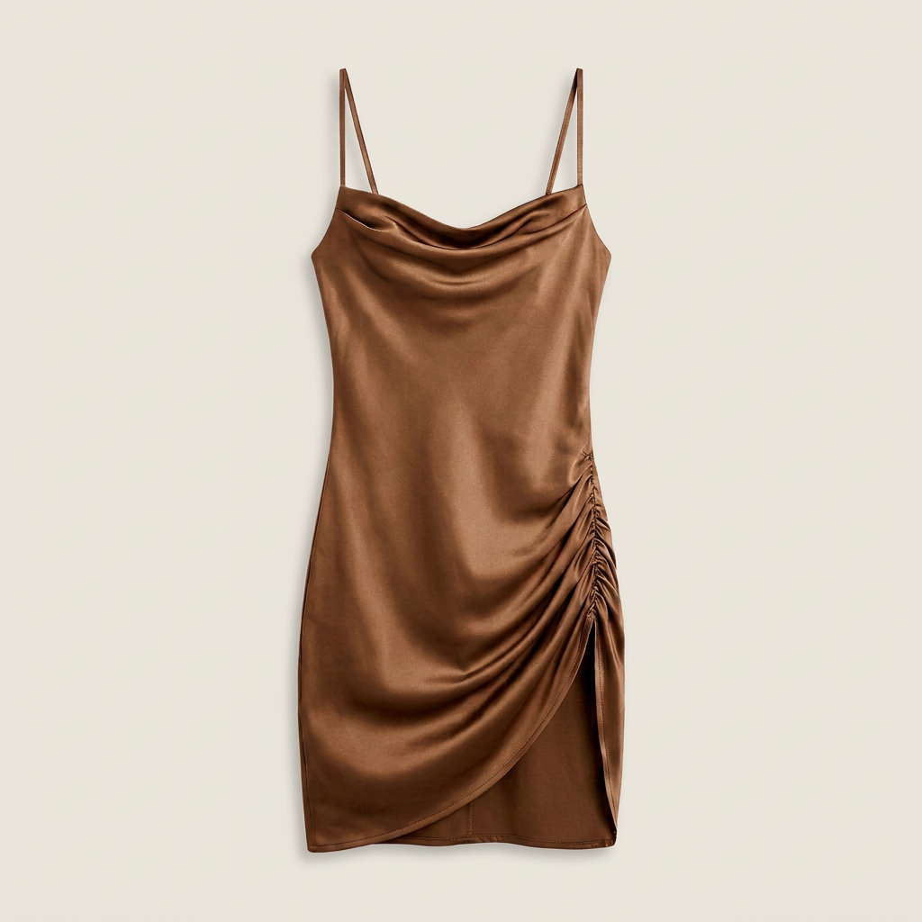 Vestido Mini Satén Cuello Cascada Fruncido Lateral para Mujer