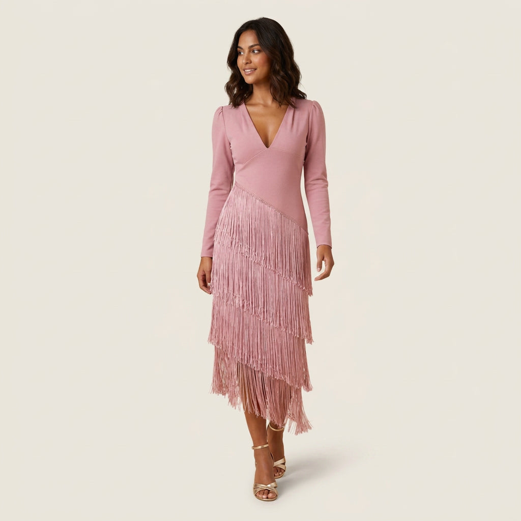 Vestido Midi de Flecos Escalonados Manga Larga para Mujer