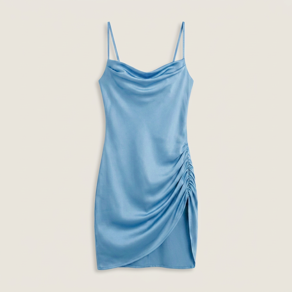 Vestido Mini Satén Cuello Cascada Fruncido Lateral para Mujer